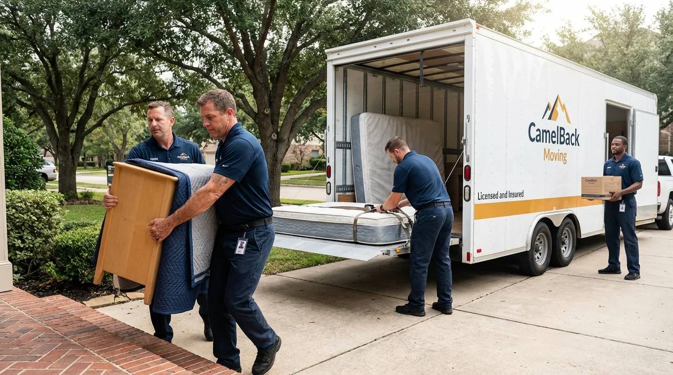 Crew loading residential truck for cross-state move from New Lenox, IL