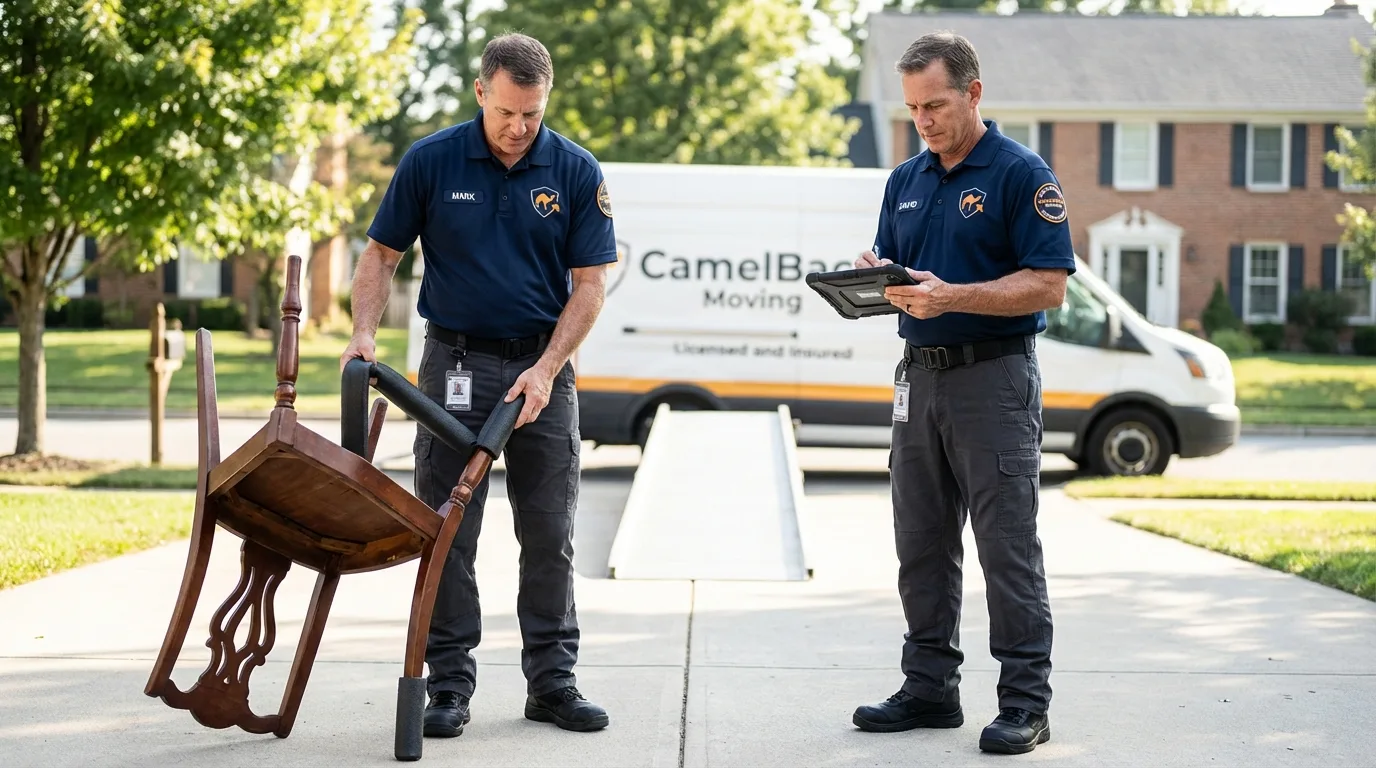 Movers inspecting furniture for damage prevention before loading in New Lenox, IL