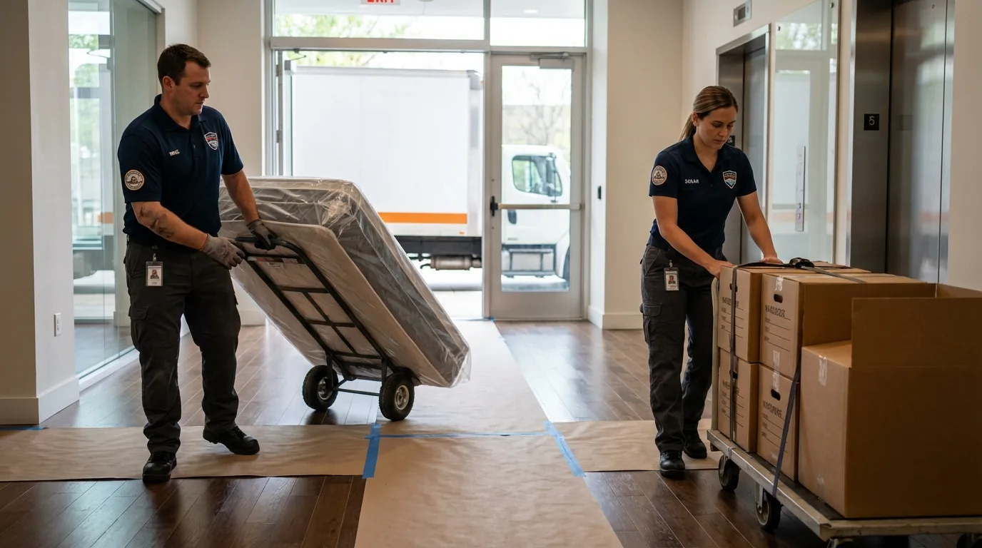 Professional apartment movers loading elevator in New Lenox, IL